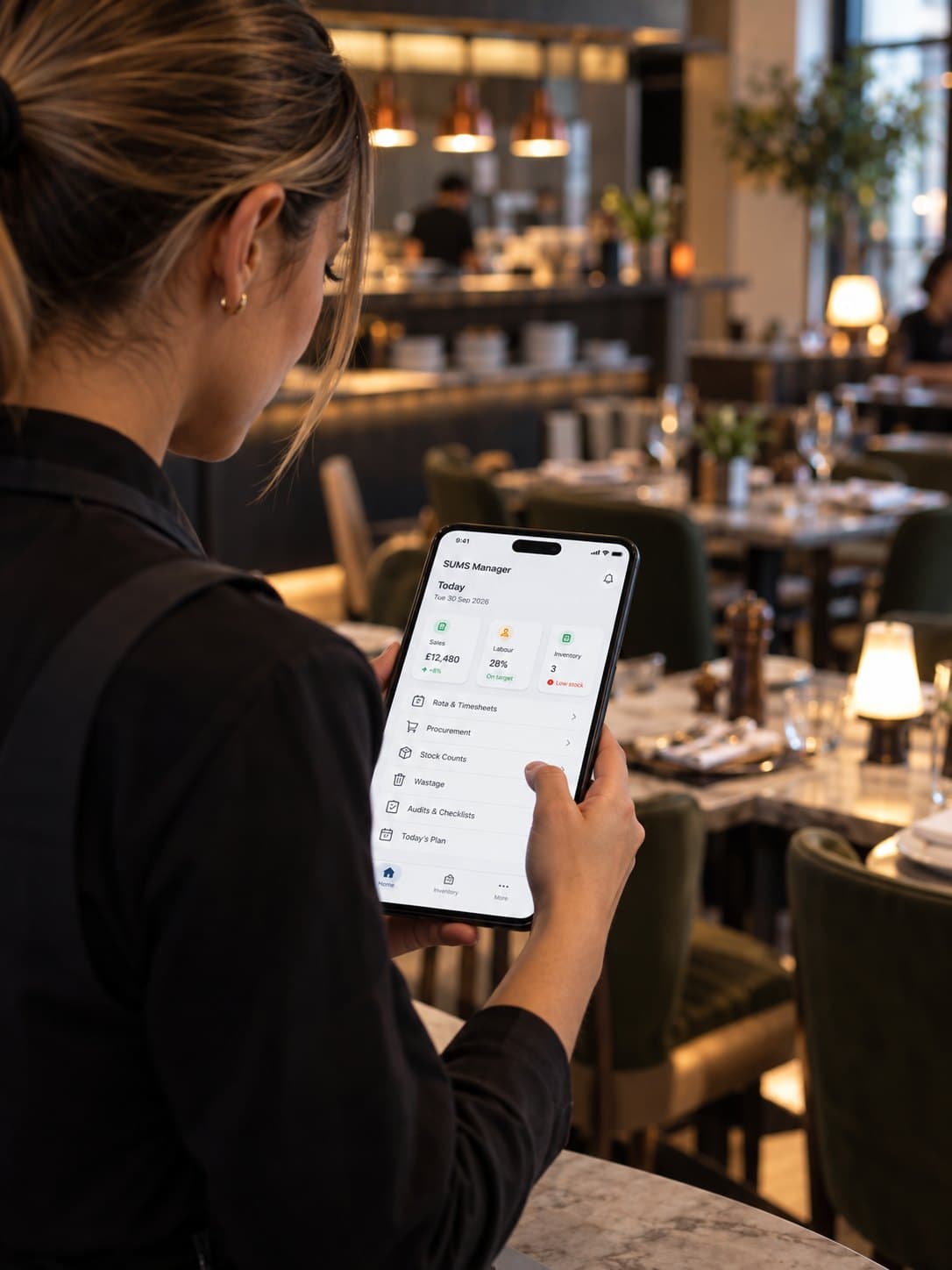 A restaurant manager on the floor checking today's sales and labour in SUMS Manager on a phone