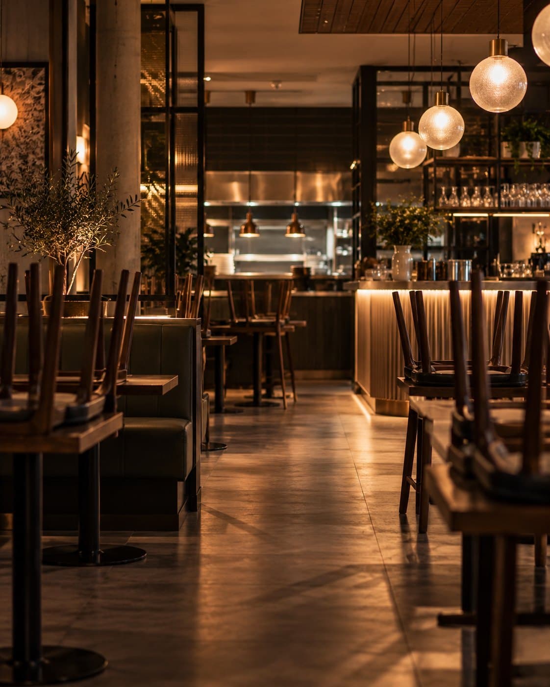 A quiet restaurant after close, with chairs up on the tables and low lights on