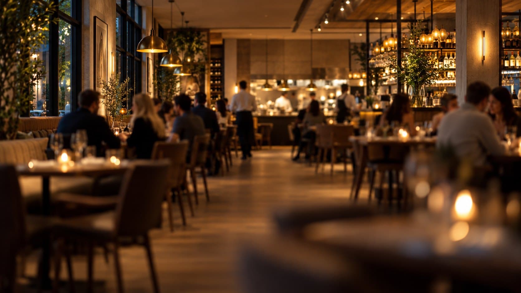 A busy restaurant during service, with a server walking between occupied tables